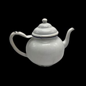 Vintage White Enamel Teapot Blue Rim Kettle Farmhouse Cottagecore Decor